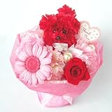 母の日にアートフラワーのカーネーションのプードルが可愛い花束レッド,プリザーブドガーベラとバラアレンジ
