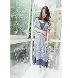 女性サマードレスチュニック2ピースセットノースリーブロングドレス+ショールコート ファッションヴィンテージ花柄プリント カジュアルなレジャールースロングドレス 通気性の柔らかい作業 外に出る服 (ブル