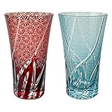 J-kitchens 切子 ペアー ウイスキー グラス カップ ロング Φ8.6×14.8cm 400cc 乱彫小紋 空色 ＆ レッド No754981