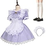 [COSSA] メイド服 コスプレ 萌え コンカフェ メイド 可愛い レース メイドコスチューム ショート丈 ロリータ ワンピース 大きいサイズ 仮装 ハロウィン 女装 人気 学園祭 レディース メンズ ハイソックス付き 5点セット 6色展開 (パープル, 4XL)