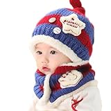 ニット帽 マフラー セット ベビー 赤ちゃん キッズ 子供 用 かわいい 防寒 ニット 帽子 (ブルー/レッド)
