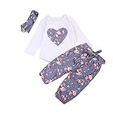 新生児女の子服　コットントップ長袖ロンパース＋花柄レギンスパンツ＋花プリントヘアバンド三点セット (70/0－6ヶ月)