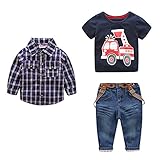 Domybest子供服　男の子　上下セット　ｔシャツ　チェック柄のシャツ　サスペンダーデニムパンツ　3点セット　キッズ アウター　ボーイズ　赤ちゃん　セットアップ　カジュアル　おしゃれ　長袖　春　秋　