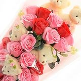 BIO プリティベア＆ローズブーケ　フレグランスソープフラワー　特製ケース付　お祝い　記念日　お見舞い　バレンタインデー　ホワイトデー　母の日　プレゼント　 (ミックス)