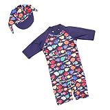 ベビー 水着 スク水 スイムスーツ 赤ちゃん水着 キッズスクール 子供 水遊びパンツ キャップ付き 魚の柄 可愛い おしゃれ(7T 115cm-125cm)