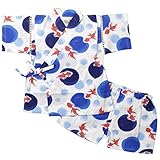 ガールズベビー浴衣|甚平[くろわっさんす べべ]ベビー甚平|上下セット|水彩 金魚柄|和柄(日本製生地) 綿100％|女の子|女児 95cm ホワイト-ブルー