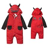 (レッド/70cm)ベビー服 男の子 女の子 カバーオール 着ぐるみ 長袖 裏シャギー ストレッチ デビル ハロウィン ツノ付きフード プリント 男児 女児 ベビー