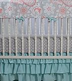 Lavender Linens Three Piece Bumperless Crib Bedding In Coral, Gray and Aqua/Mint by Lavender Linens