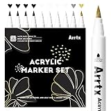 Arrtx アクリルペイントペン 10本セット (黒4本 白4本 金1本 銀1本) 水性ペン ペイントマーカー ソフトブラシチップ 細筆 防水ペイントマーカー ストーン ガラス 復活の卵、木、布製