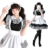 [JUNDOMECY] 可愛い チェック柄 メイド服 高品质セット 大きい sサイズ メイド コスプレ 半袖 フリル 黒 白 衣装 エプロン カチューシャ 変装 制服 喫茶店 撮影 ハロウイン 文化祭 イベント パーティー (L)