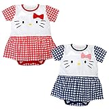 (レッド/70cm) ベビー服 女の子 ロンパース 半袖 Hello Kitty ハローキティ スカート付 フェイスデザイン リボン ギンガムチェック柄 スナップボタン 女児 ベビー