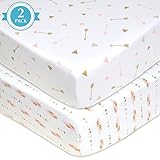 American Baby Company 2 Piece Cotton Jersey Knit Fitted Sheet, Sparkle Gold/Pink Feathers/Arrows, Cr