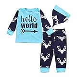 (プタス)Putars ベビー服 子供服 上下セット Tシャツ 男の子 長袖 鹿柄 HELLO WORLD ブルー 帽子付き 可愛い 秋 冬 スポーツ 運動会 旅行 記念日 プレゼント 3-24ヶ月