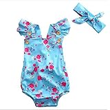 ベビー服　ロンパース　カバーオール　ヘッドバンド付き　蝶結び　二点セット　花プリント　ガールズ (100)