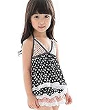 水着 女の子 水玉 ドット総柄 可愛いワンピース キッズ水着 女の子 女児 ガールズ 子供水着 スクール水着 ビキニ UVカット キャップ付 アニメ専線 (LLサイズ, ブラック)