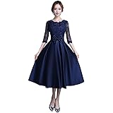 [EightSTAR Dress] パーティードレス 結婚式 ワンピース ドレス リボン レース aライン シースルー フレア お呼ばれ 紺 袖あり 謝恩会 二次会 ゲスト オーガンジー