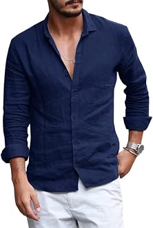 Mens Button Down Shirt Linen Cotton 