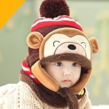 赤ちゃん 幼児 子供 服 ギフト 帽子 キャップ　かわいい ボンボン 耳あて 耳カバー 付き ボア ニット帽 セット 男の子 女の子 兼用 防寒 防風 アウター ベビー キッズ猿デザイン (ブラウン)