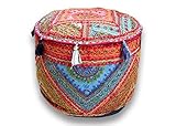 Rajasthali Round Patchwork Embroidered Multi Ottoman Pouf Bohemian Indian Decorative, Size 14 X 18 X