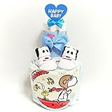 a21 おむつケーキ２段　男の子　スヌーピーのスタイ＆ベビーソックス　絵本キャラクター　オムツケーキ出産祝い