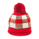 (よキーよ)Yokeeyo ニット帽子 可愛いボンボン付き帽子 耳まであたたかキャップ 赤ずきんちゃん風ニットキャップ 毛糸ハット マルチカラー チェック 秋冬 防寒 ケーブル編み スタイリッシュ キ