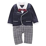 RaiFu ロンパース　秋　ベビー　ボーイ　ロングスリーブ　オーバーオール　ボウタイ　チョッキ　コート　ジェントルマン　キッズ　ジャンプスーツ ネイビーブルー 70cm