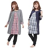 クロスプラス　春夏 マタニティ チェック　レイヤード風　長袖パジャマ（授乳口付）産前・産後 (L, 紺)