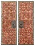 Distressed Wood Tone / Aged Metal Set Of 2 Oil Reproduction Door Panel Art Pieces With Metal Handles