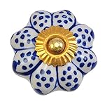 Set of 2 blue floral hand painted ceramic round knobs cupboard cabinet drawer handles pulls