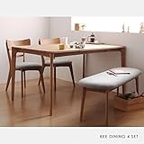 【商品名】KEE 天然木 ベンチタイプ ダイニング4点セット ダイニングテーブル＆ファブリックチェア＆ベンチチェア ナチュラルテイスト 北欧スタイル【サイズ】テーブル：幅150×奥行85×高さ70cm チェア：幅45×奥行54×高さ74/座