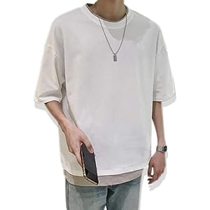 [ネクシード] Tシャツ 重ね着 風 ビッグシルエット 無地 カットソー メンズ 6色 展開 (白 黒 青 赤 茶 ベージュ)
