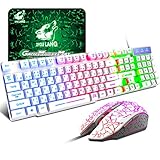 UrChoiceLtd×ZIYOULANG ゲーミングキーボード LED有線 メンブレン ゲーミングキーボードとマウスセット マルチメディア 日本語配列 虹色LEDバックライト 19キー防衝突 PC 人間工学 キーボード ゲームやオフィスに最適 マウスパッド ― ホワイト
