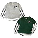 (グリーン/90cm)ベビー服 男の子 トレーナー 長袖 ミニ裏毛 重ね着風 ボーダー切替 ワッペン 男児 ベビー