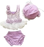 Ziweiba上着+下着+キャップ3点セットフリル水着 女の子 子供 キッズ スイムウェア ベビースイミング 分体式ビキニ レース花飾り (M, A)