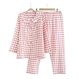 Ainial　パジャマ　マタニティ　レディース　授乳服　ルームウェア　部屋着　授乳口付　上下セット　2点セット　長袖　長パンツ　春夏　ウェスト調節可　前開き　チェック柄　コットン　2重ガーゼ　産前 産