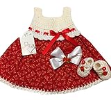 Micクラフトハンドメイドかぎ針編み赤ちゃんセットOutfitドレスヘアバンド靴花柄レッド