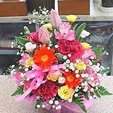 春の花色ミックスとかすみ草のフラワーアレンジメント お誕生日プレゼントやお祝い・退職・昇進などの花ギフトに 【商品画像配信付】