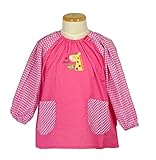 子供用 幼児用 キッズ用 スモック 無地 袖はギンガムチェック 幼稚園 保育園 男の子 女の子 (120, キリン・ピンク)