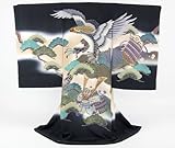 手描き友禅 お宮参り 着物 男児 祝着 日本製「正絹刺繍入り金彩 黒地に鷹・兜・鎧の馬手袖・青松」