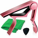 Phoenix ワンタッチ ギター カポ タスト 【 type R 】 お手入れ用 ファイバークロス 0.71㎜ ティアドロップ タイプ ピック 安心安全メーカー保証書 4点セット！フォーク エレキ クラシック アコースティック 桃 ピンク ~ Fairy Rose ~