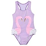 BAOHULU　子供水着 女の子　白鳥 　ストライプ　ワンピース水着　スカート無し　水泳　保育園用　可愛いフリル水着 (1-2歳(ラベル NO.2A), パープル)