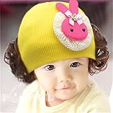 ニット帽 赤ちゃん 3カ月 ～ 4歳 子供ハット かつら ウィッグ 付き 新生児 お洒落 伸縮性がある ヘアバンド ヘアアクセサリー 出産祝い プレゼント 写真小道具,水玉 ウサギ イエロー