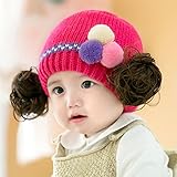 ニット帽 赤ちゃん 5カ月 ～ 3歳 子供ハット かつら ウィッグ 付き ポンポン 伸縮性がある ヘアバンド ヘアアクセサリー 防寒防風対策 出産祝い プレゼント (Rose)