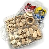Kissteether DIY看護ジュエリー2ボックスコンビネーションパッケージウッドハーツスパイラルビーズを長方形ジオメトリックウッドビーズミックスカラー木製ベビーフィッシャークリップベビーテザー玩