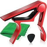 Phoenix ワンタッチ ギター カポ タスト 【 type R 】 お手入れ用 ファイバークロス 0.71㎜ ティアドロップ タイプ ピック 安心安全メーカー保証書 4点セット！フォーク エレキ クラシック アコースティック 赤 レッド ～ RED ～