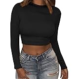 [Yuehao] ロングTシャツショートトップス長袖カットソー レディースへそ出しファッションtシャツおしゃれくびれ 黒 M