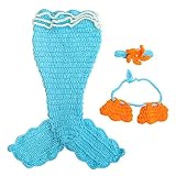 Happyハッピー耳　ベビー着ぐるみ　人魚姫　コスチューム　寝相アート　写真撮影　人魚姫仮装　3点セット　かわいい　新生児　出産祝い　百日記念　記念撮影　ブルー (ブルー)