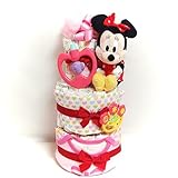 16092 おむつケーキ３段　女の子　ミニーちゃんぬいぐるみとベビー玩具　ベビー服　オムツケーキ　ディズニー　出産祝い