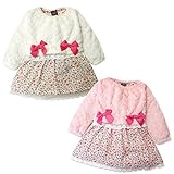 (ホワイト/90cm)子供服 女の子 ドッキング ワンピース 長袖 Dolly Ribbon ドーリーリボン ハート柄エンボス シャギーボア 花柄 スカート レース リボン装飾 女児 ベビー