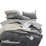 グレーストライプ大人ティーンエイジャーキルト羽毛布団カバーと枕カバー100％コットン寝具セット、グレー、（ダブル）